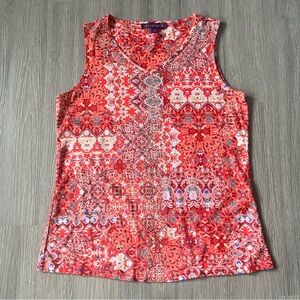 Gloria Vanderbilt Boho Rhinestone Red Patterned V-Neck Sleeveless Tank